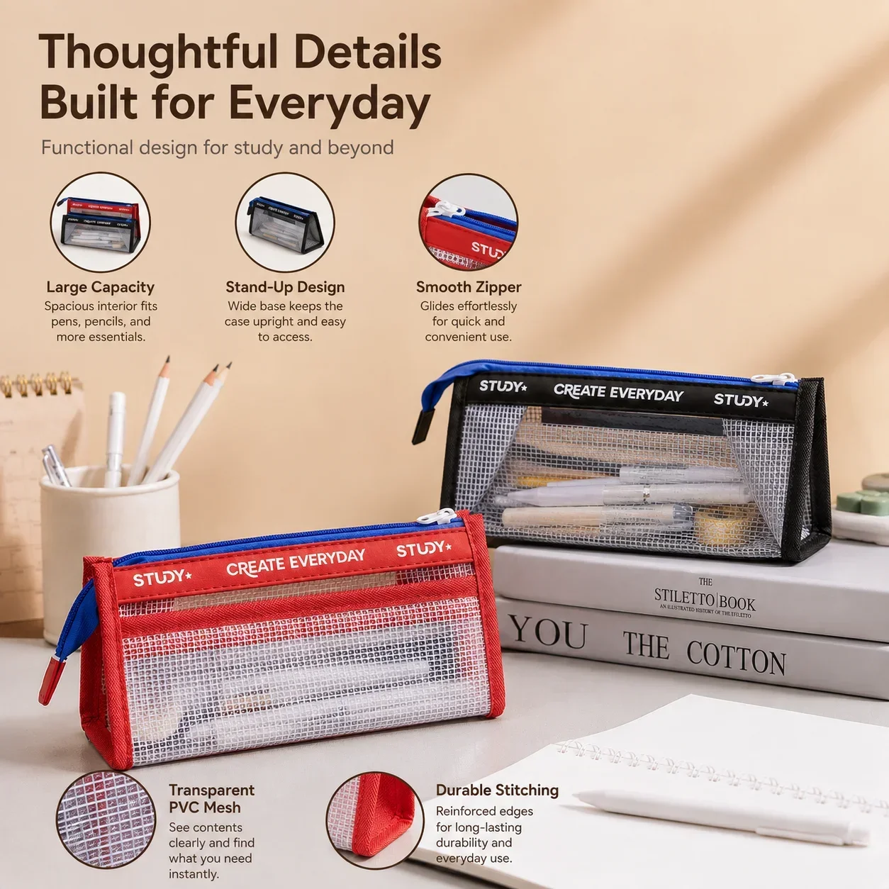 Aesthetic Large Pencil Case Pouch - Trousse à crayons transparente, grande capacité,