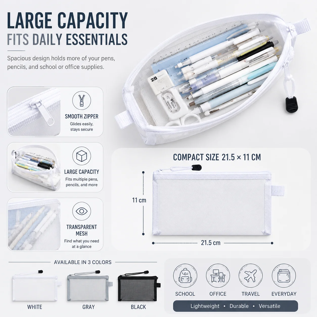Clear Mesh Pencil Pouch For Exam - Pochette transparente en maille pour stylos,